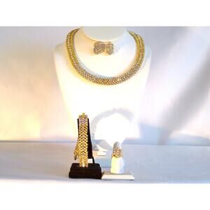 Gold 4 pc rhinestone necklace set, bridal MOB prom party formal evening necklace